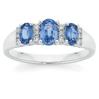 Angus & Coote 9ct white gold ceylon sapphire & diamond oval trilogy ring offer