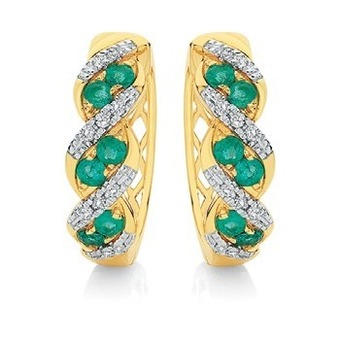 Angus & Coote 9ct gold natural emerald & diamond huggie earrings offer
