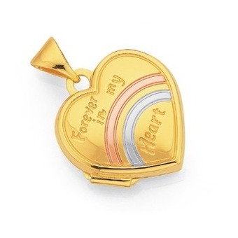 Prouds 9ct gold tri tone 15mm rainbow message heart locket offer