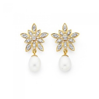 Prouds 9ct gold cultured freshwater pearl & diamond flower stud earrings offer