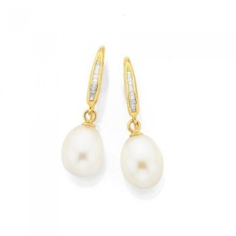 Prouds 9ct gold cultured fresh water pearl & diamond drop earrings offer