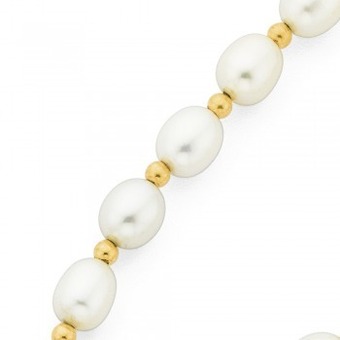 Prouds 9ct gold 45cm cultured fresh water rice pearl rondell necklace with filigree clasp offer