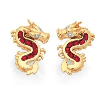 Goldmark 9ct gold created ruby with diamond accents dragon stud earrings offer