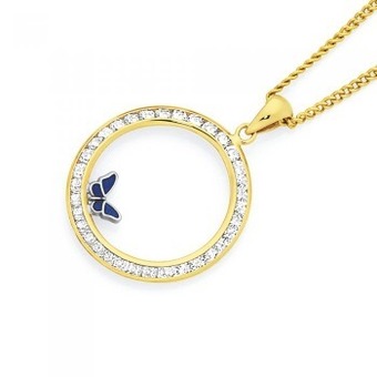 Goldmark 9ct gold cz circle with enamel butterfly pendant offer