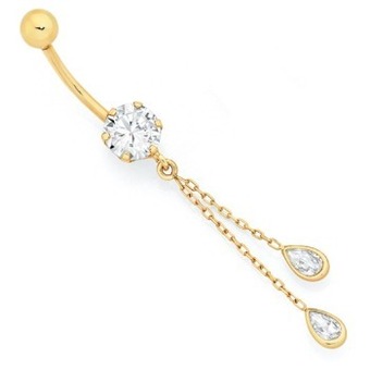 Goldmark 9ct gold round cubic zirconia with pear trace drop belly bar offer