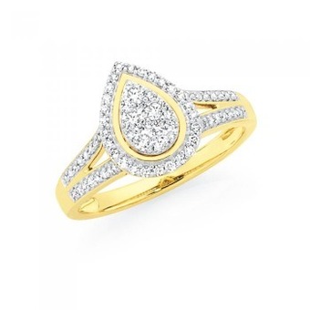 9ct gold, pear cluster diamond ring