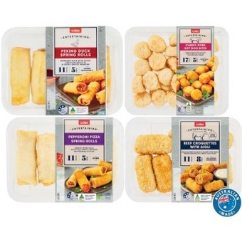 Coles Coles entertaining beef croquettes with aioli 280g, cheesy pork hot dog bites 380g, peking duck or pepperoni pizza spring rol offer