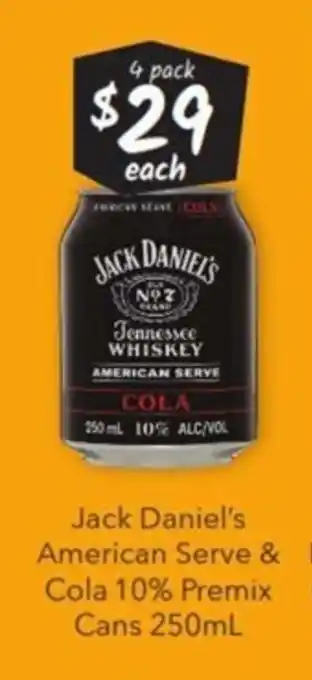 Cellarbrations Jack Daniel's American Serve & Cola 10% Premix Cans 250ml offer