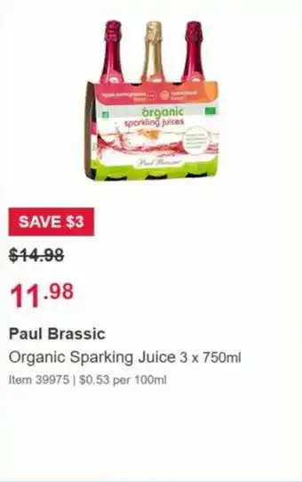 Costco Paul Brassic Organic Sparkling Juice 3x750ml offer