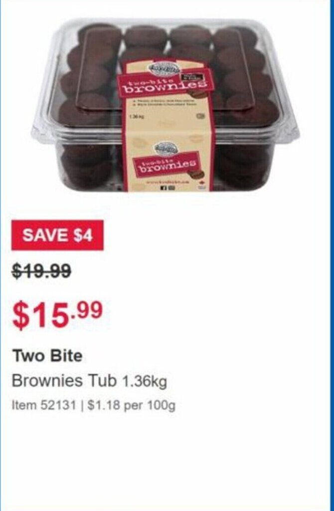 Two Bite Brownies Tub 1.36kg offer at Costco