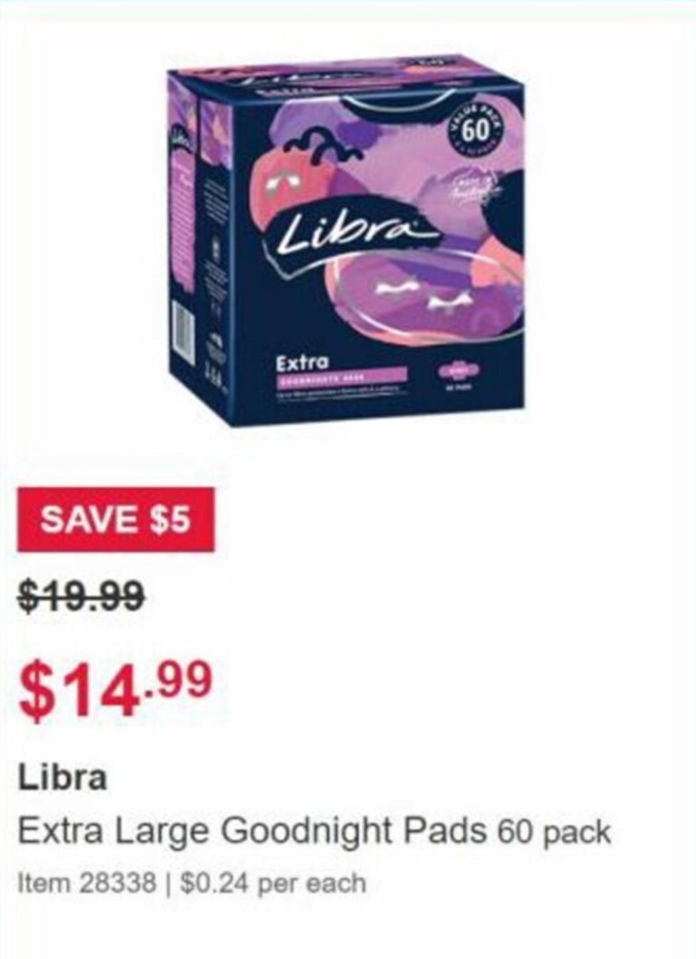 Libra Extra Large Goodnight Pads 60Pack offer at Costco
