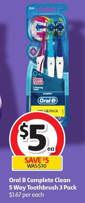 Coles Oral B Complete Clean 5 Way Toothbrush 3 Pack offer
