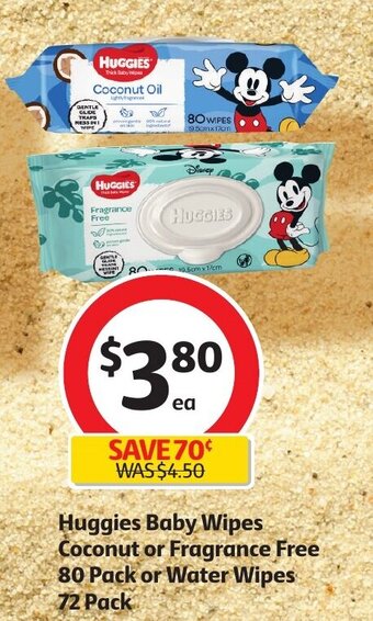 Coles Huggies Baby Wipes Coconut or Fragrance Free 80 Pack or Water Wipes 72 Pack offer