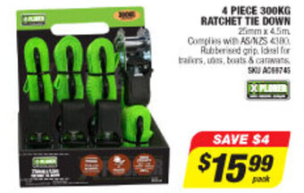4 Piece 300kg Ratchet Tie Down