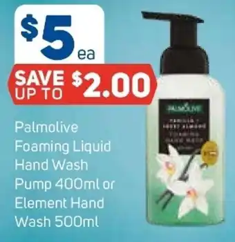 Foodland Palmolive Foaming Liquid Hand Wash Pump 400ml or Element Hand Wash 500ml offer