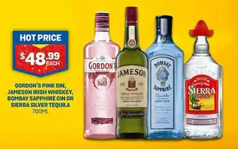Gordon's pink gin, jameson irish whiskey, bombay sapphire gin or sierra silver tequila