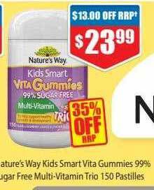 Chemist Warehouse Nature's way kids smart vita gummies 99% sugar free multi-vitamin trio 150 pastilles offer