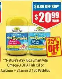 Chemist Warehouse Nature's way kids smart vita omega-3 dha fish oil or calcium + vitamin d 120 pastilles offer