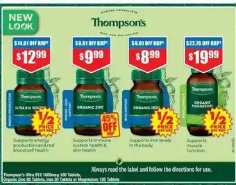 Chemist Warehouse Thompson's ultra b12 1000mcg 100 tablets, organic zinc 80 tablets, iron 30 tablets or magnesium 120 tablets offer