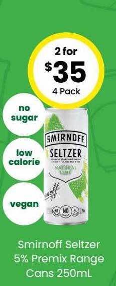 The Bottle O Smirnoff seltzer 5% premix range cans offer