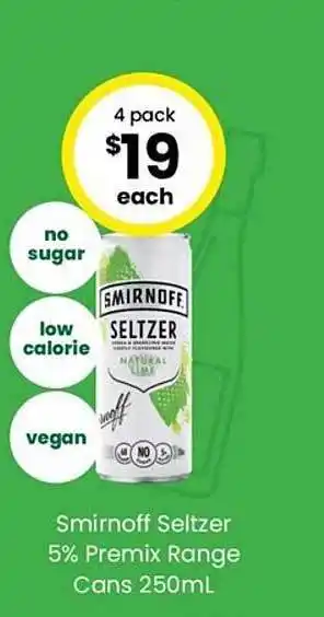 The Bottle O Smirnoff seltzer 5% premix range cans offer