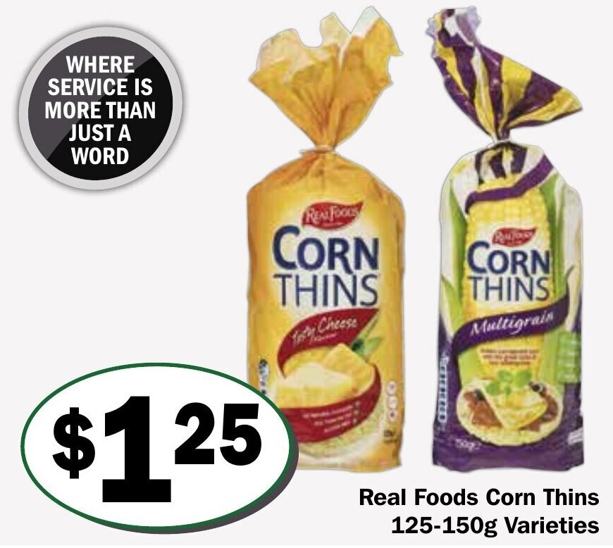 Real Foods Corn Thins 125150g offer at Friendly Grocer
