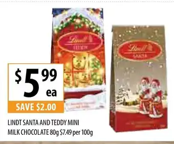 Supabarn Lindt Santa and Teddy Mini Milk Chocolate 80g offer