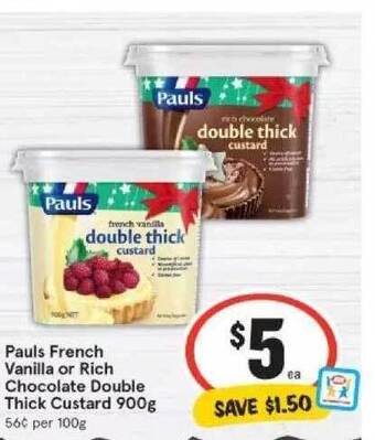 IGA Pauls french vanilla or rich chocolate double thick custard offer