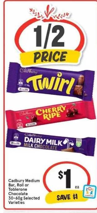 IGA Cadbury medium bar, roll or toblerone chocolate offer