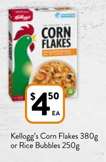 Foodworks Kellogg's Corn Flakes 380g or Rice Bubbles 250g offer