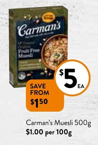 Foodworks Carman's Muesli 500g offer