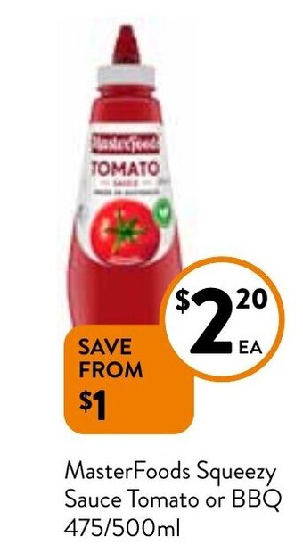 Foodworks MasterFoods Squeezy Sauce Tomato or BBQ 475/500ml offer