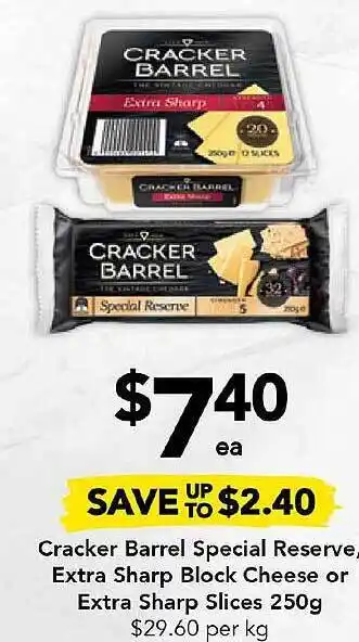 Drakes Cracker barrel special reserve extra sharp block cheese or slices offer