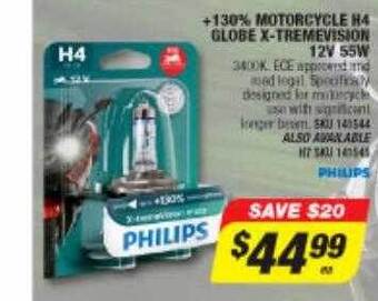 Autobarn Philips +130% motorcycle h4 globe x-tremevision 12v 55w offer