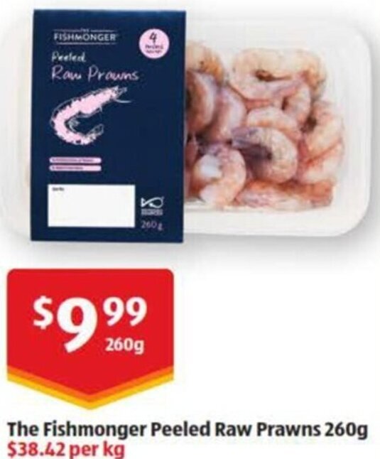 The Fishmonger Peeled Raw Prawns 260g offer at ALDI