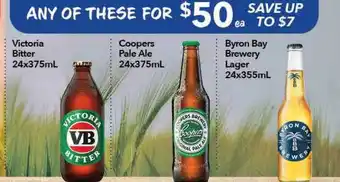 Ritchies Victoria bitter, coopers pale ale or byron bay brewery lager offer