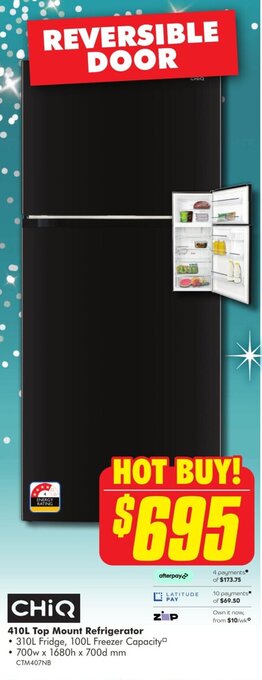 The Good Guys CHIQ 410L Top Mount Refrigerator offer
