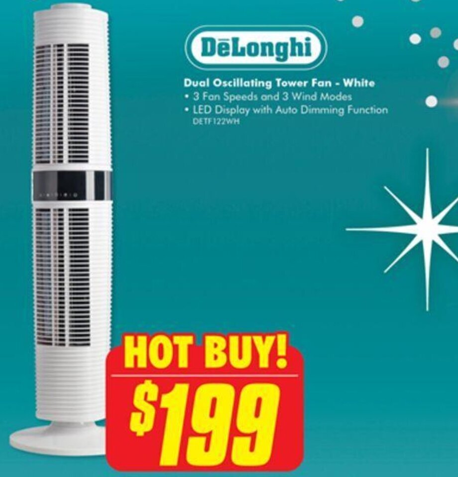 DeLonghi Dual Oscillating Tower Fan White offer at The Good Guys