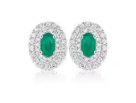 9ct Two Tone Natural Emerald and Diamond Double Halo Oval Stud Earrings