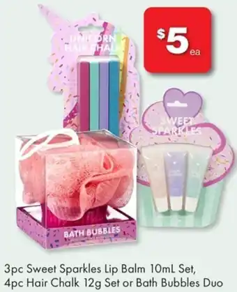 The Reject Shop 3pc Sweet Sparkles Lip Balm 10ml Set, 4pc Hair Chalk 12g Set or Bath Bubbles Duo offer
