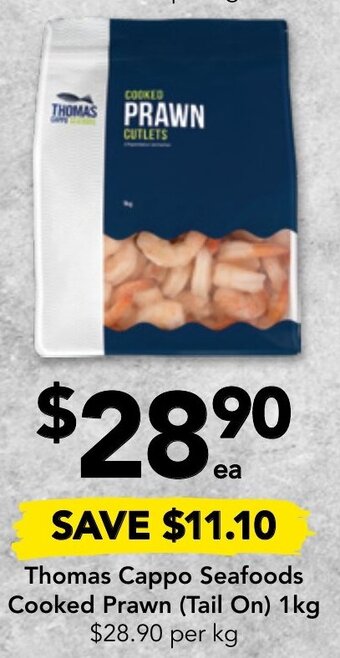 Drakes Thomas Cappo Seafoods Cooked Prawn (Tail On) 1kg offer