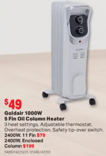 Goldair 1000W 5 Fin Oil Column Heater