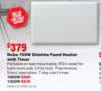 Nobo 750W Slimline Panel Heater with Timer