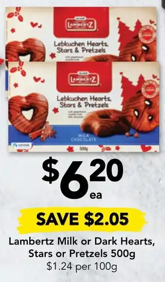 Drakes Lambertz Milk or Dark Hearts, Stars or Pretzels 500g offer
