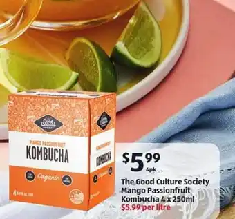 ALDI The good culture society mango passionfruit kombucha offer
