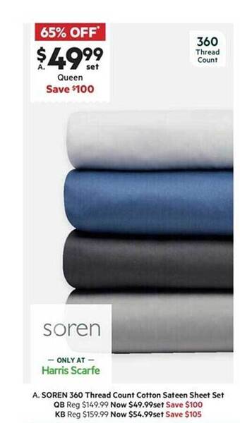 Harris Scarfe Soren 360 thread count cotton sateen sheet set offer