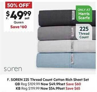 Harris Scarfe Soren 225 thread count cotton rich sheet set offer