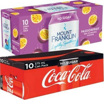 Coles Coca-Cola, Fanta or Sprite Soft Drink or Mount Franklin Lightly Sparkling 10x375mL offer