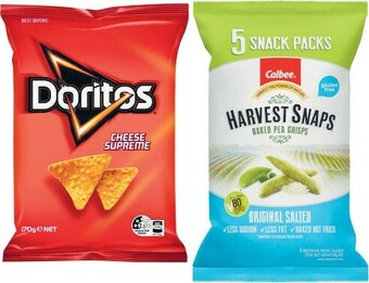 Coles Doritos Corn Chips 150g-170g, Smith’s Chips 6 Pack 114g or Calbee Harvest Snaps 5 Pack 80g offer