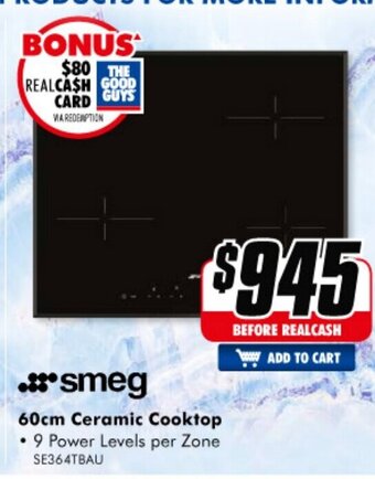The Good Guys Smeg - 60cm Ceramic Cooktop - SE364TBAU offer